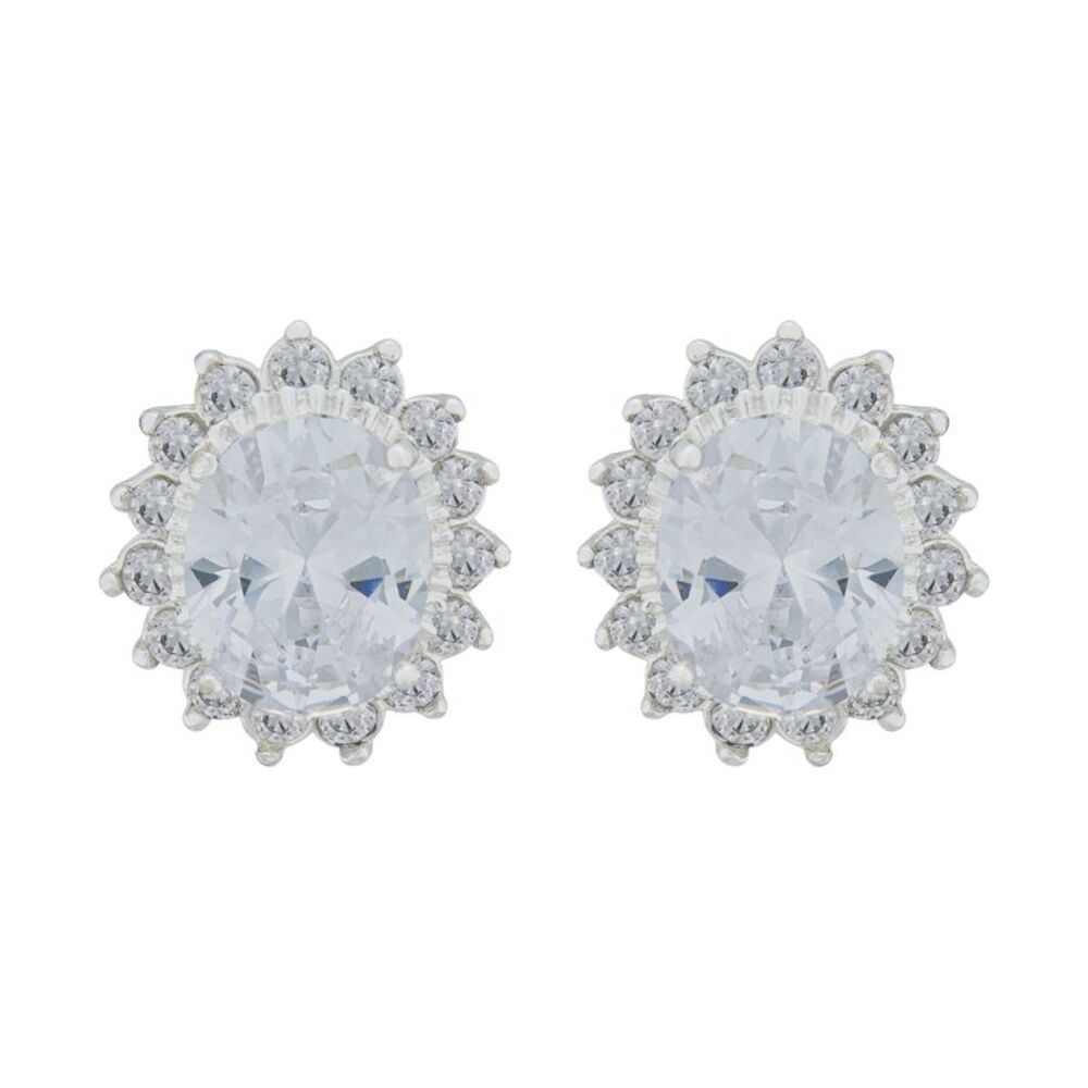 Sterling Silver .925 Oval Cut Clear Cubic Zirconia Sunburst Halo Earrings